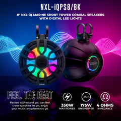 8" NXL-iQ Marine Short Tower Coaxial Speakers with Digital LED Lights, 175W RMS, 350W Max, 4-Ohm