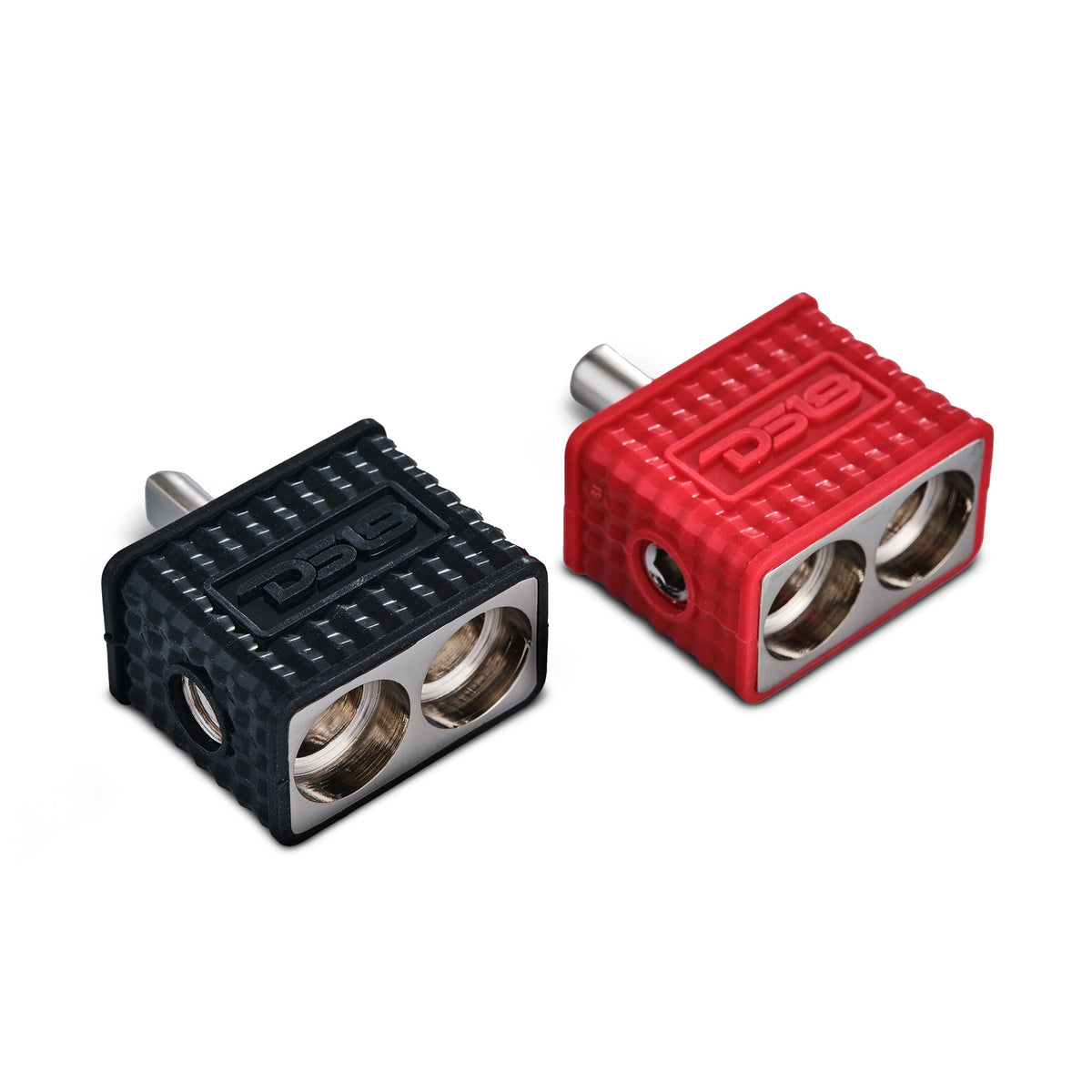 Dual 1/0-GA to 1/4-GA Amp Input Reducers with Offset Stub and Silicone Cover - BLACK/RED