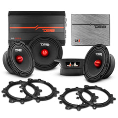 Pro Audio Speaker Bundle: 6.5" Midrange Speakers with OEM Speaker Adapters, Amplifier, and Wiring Kit