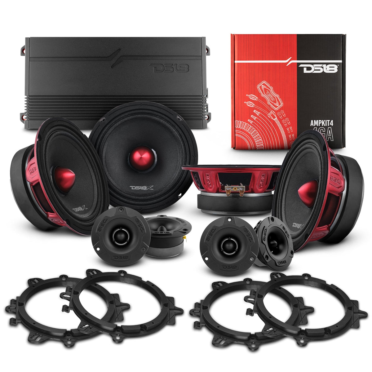 Pro Audio Speaker + Tweeter Bundle: 6.5" Midrange Speakers and 3.8" Bullet Tweeters with OEM Speaker Adapters, Amplifier, and Wiring Kit