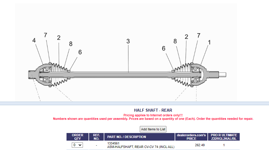 Polaris Pro R Original Equipment Replacement Rear Axle